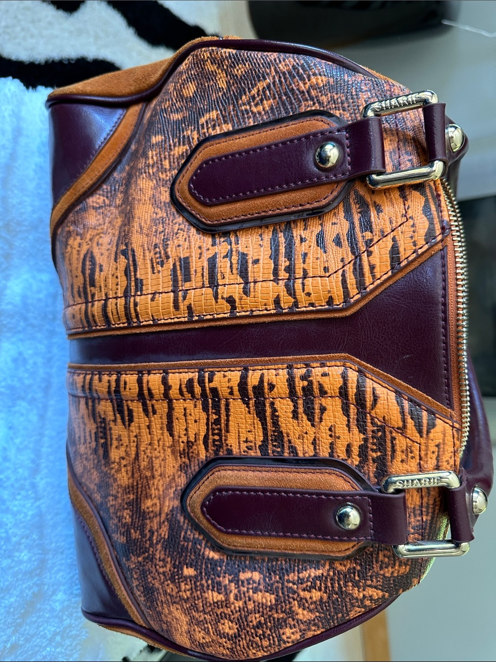 Sharif Orange & Burgundy Patterned Satchel with Gold Hardware - Picture 4 of 13